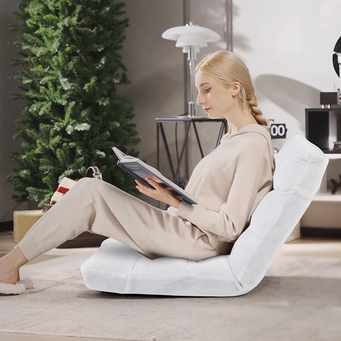 Floor Chair with Back Support, 14-Position Lazy Sofa Chair with Soft Coral Fleece, Folding Floor Gaming Chair, Couch Recliner, Floor Seat for Reading, Meditating, Yoga, Gaming (White) - Image 2