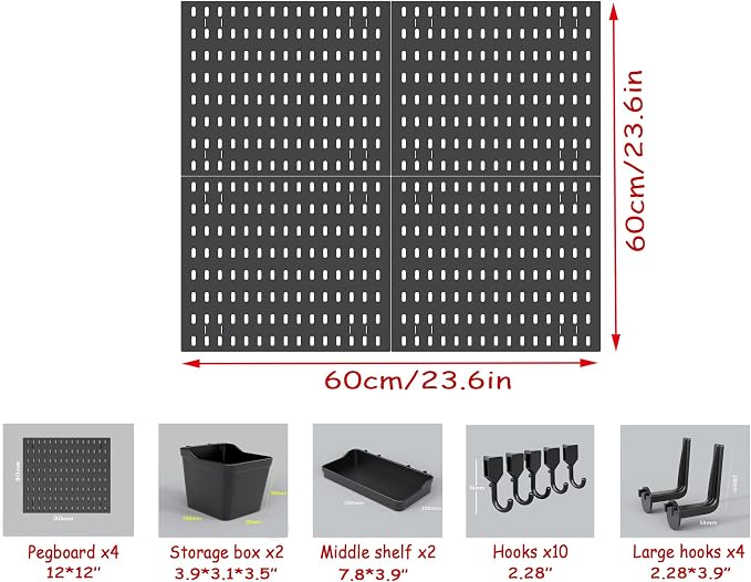 12 * 12in X4PCS Pegboard Set, DIY Pegboard Combo Kit, Wall-Mounted Storage Organizer, Includes 18 Accessories, Suitable for Office, Gaming Room and Decorative Display (Black) - Image 5