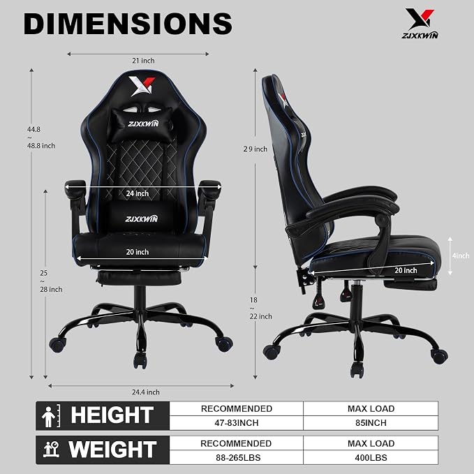 Gaming Chair with Pocket Spring Cushion, Ergonomic High Back Computer Chair with Footrest and Lumbar Support, Adjustable Height 360° Swivel Recliner, Blue - Image 3