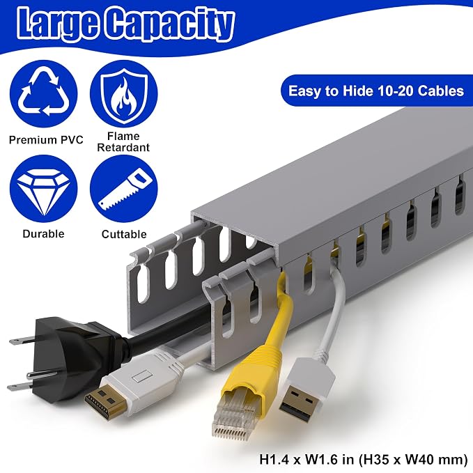 1.4"H x 1.6"W Cable Raceway, 66in Under Desk Wire Management Channel, Grey - Image 3