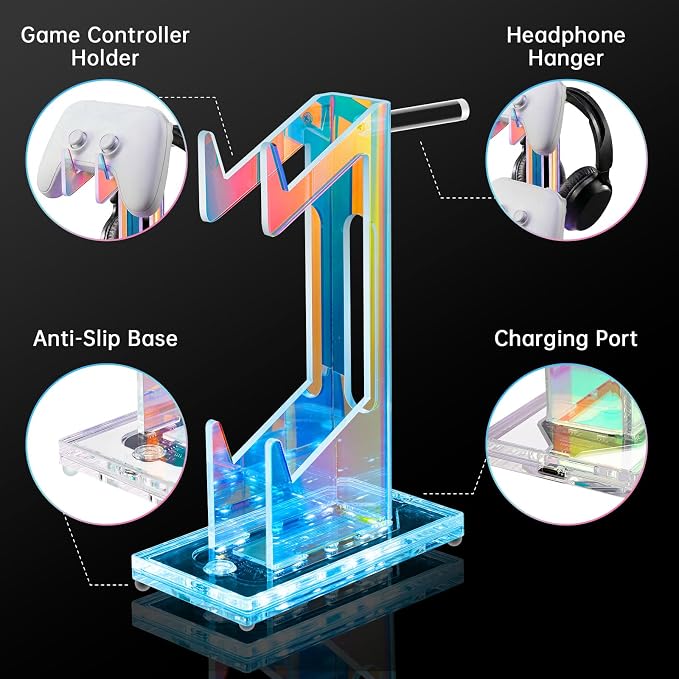 NiHome Controller Holder & Headphone Stand, LED Acrylic 2-Tier Gaming Desk | USB-Powered 7 Colors 3 Modes, Anti-Slip Headset Cable Management, Gamer Gift For PS5 Xbox - Image 4