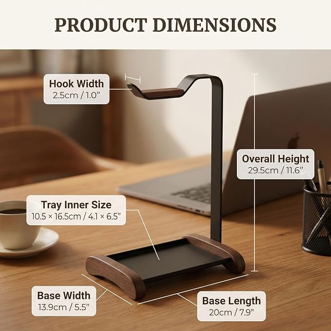 Headphone Stand for Desk with Storage Tray, Walnut Wood Headset Holder and Desktop Organizer for Headphones, Keys, Watches & Accessories, Home Office and Gaming Setup - Image 3