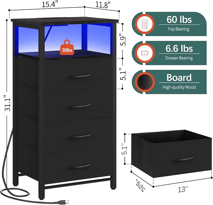 Yoobure Night Stand - Black Nightstand with Charging Station, Small Dresser - Image 3