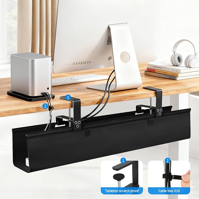 Under Desk Cable Management Tray, 36-Inch Heavy Duty No-Drill Clamp & Screw Mount Cord Organizer, Holds Power Strip & Large Adapters for Home Office, Gaming Desk, Study Room - Image 3