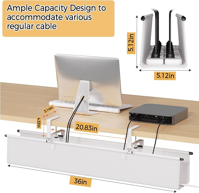 Under Desk Cable Management Tray, 36" Fabric Wire Cord Organizer, White - Image 4