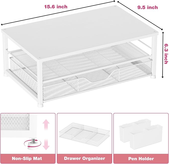 OPNICE Desk Organizers and Accessories, Computer Monitor Stand Riser with Drawer and 2 Pen Holders, Printer & Laptop Stand, Office Desk Accessories & Workspace Organizers for Home Office Supplies, White Wood - Image 5