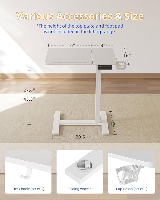 YIHAYO 24 x 16 Inches Electric Adjustable Overbed Bedside Table, White - Image 7