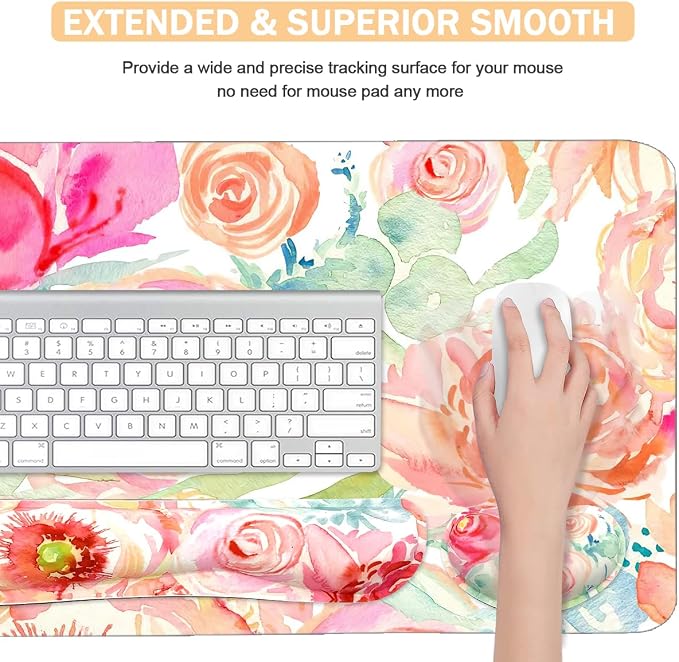 Large Mouse Pad Set, Cute Extended Mouse Pad+Keyboard Wrist Rest Support Desk Pad Memory Foam Ergonomic Easy Typing, 35.4×15.7 in Desk Mat Set for Home Office Study Game - Flowers - Image 4