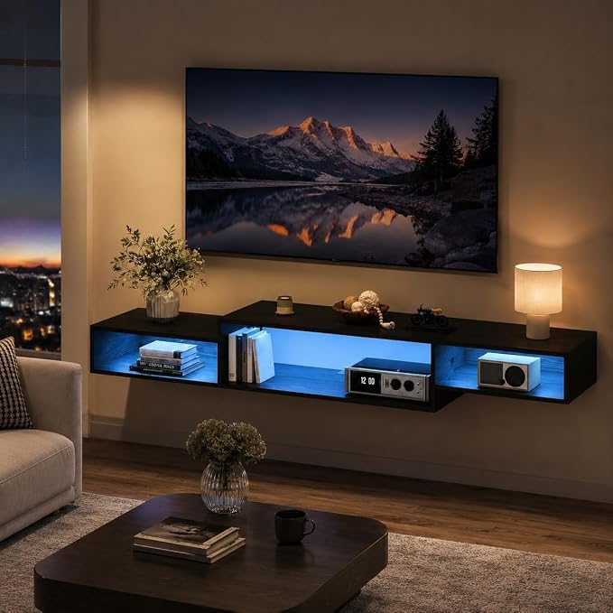 59 Inch Floating TV Stand with LED Light & Power Outlet, Black by 4EVERWINNER