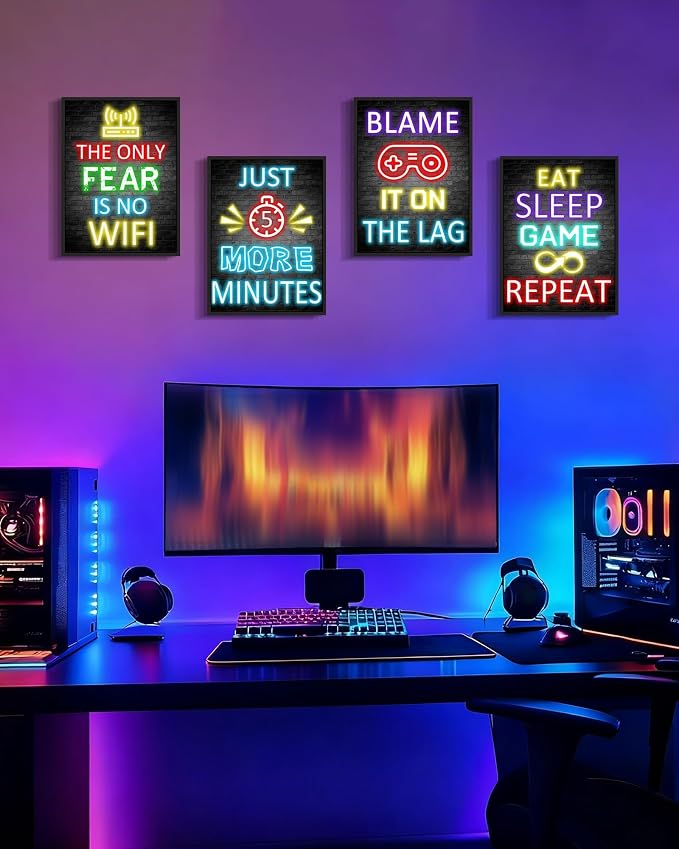 Video Gamer Room Decor for Teen Boys Gaming Wall Art Gamer Neon Sign Teenage Bedroom Decor Ready to Hang Set of 4, 11x14in (Black Framed) - Image 2
