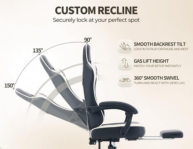 Office Desk Computer Gaming Chair for Adults, Ergonomic High Back Gamer Chair with Massage and Pocket Spring Cushion, Swivel Comfy Video Game Chairs with Footrest and Lumbar Support (Black White) - Image 7