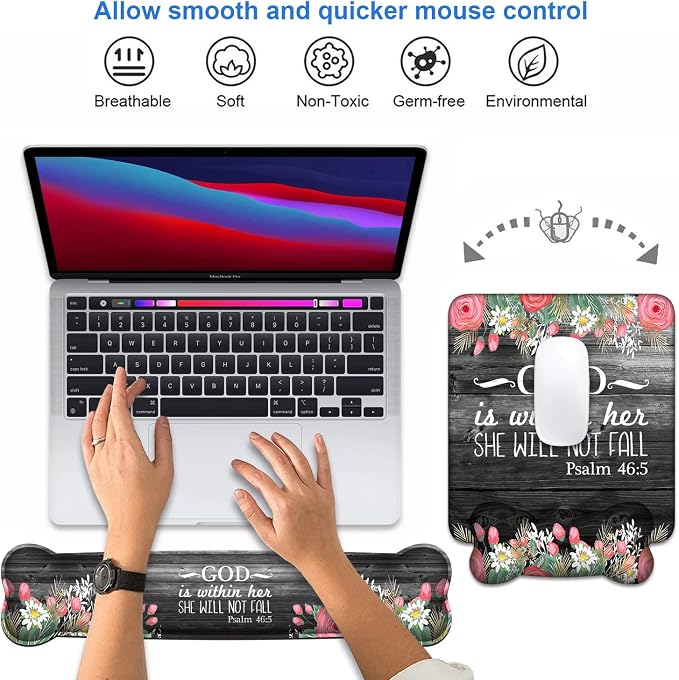 Wrist Rest Support Ergonomic Gel Mouse Pad & Memory Foam Keyboard Set, Non-Slip Rubber PU Base for Home Office Working Studying Easy Typing & Pain Relief - Floral Quote Bible Verses Psalm 46:5 - Image 4