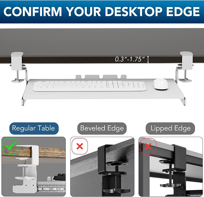 AX WABER Keyboard Tray Under Desk Pull Out with Extra Sturdy C Clamp Mount System, 27.3 (32.5 inch Including Clamps) x 11 Inch Slide-Out Platform Computer Drawer for Typing White AX01WW01 - Image 7