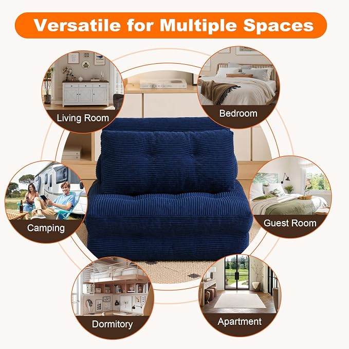 King Oasis Folding Sofa Bed, Corduroy Chair Bed with Pillows | 3-in-1 Fold Out Floor Sofa Couch with Headrest and Lumbar Pillows，for Living Room, Bedroom, Apartment, Dorm, Navy Blue - Image 5