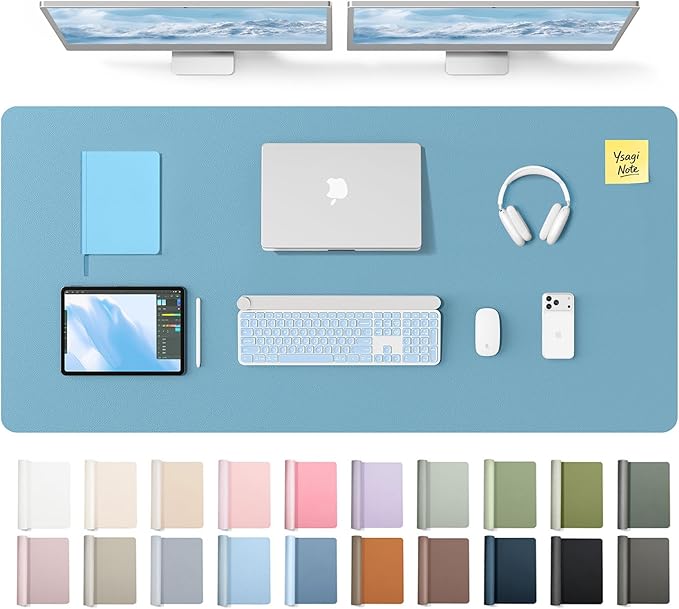 YSAGi Leather Desk Pad Protector, Office Desk Mat, Large Mouse Pad, Non-Slip PU Leather Desk Blotter, Laptop Desk Pad, Waterproof Desk Writing Pad for Office and Home (Sea Blue,55" x 24") by YSAGi