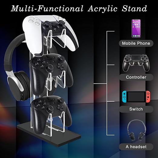 FYY Game Controller Holder 3 Tiers - Universal Dual Controller Stand Headphone Holder, Acrylic Black Controller Display Stand Compatible with Nintendo Switch Xbox PS5 PS4, Desk Mounts for Controller - Image 6