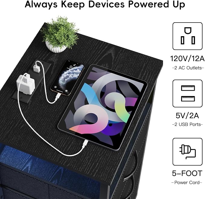 Fixwal Night Stand with 3 Drawers, Black Nightstand with Charging Station - Image 5