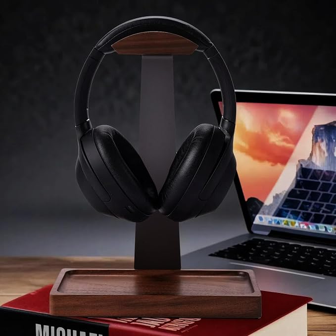 Walnut Headphone Stand, Wood Headset Holder for Desk with Storage | Wooden Gaming Headphone Holder for AirPods Max, Bose, Sennheiser, Razer/Jabra/JBL/AKG , Storage Tray, Vintage Gift for Men - Image 9