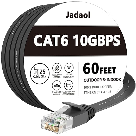 Jadaol Cat6/Cat6A Ethernet Cable 60FT Flat with Clips 10Gbps Network, Black by Jadaol