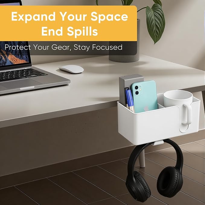 4-in-1 Clip On Desk Cup Holder, Fits up to 40oz cups - Mountable Holder with Adjustable Divider & 360° Rotating Hook - No Spill Clamp On Drink Holder Attachment - for Desk Chair Table Bed Tray - White - Image 4