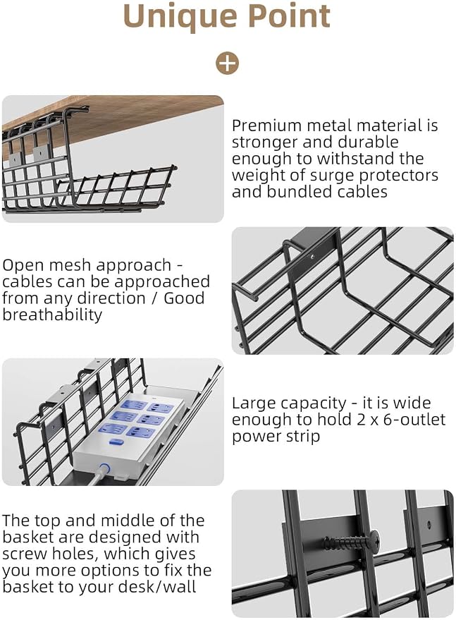 2 Pack DELAMU Under Desk Cable Management Tray, Large Metal Cord Organizer, Office & Home Cord Wire Management Under Desk Shelf, Easy Install Pre-drilled Cable Organizer, Black - Image 9