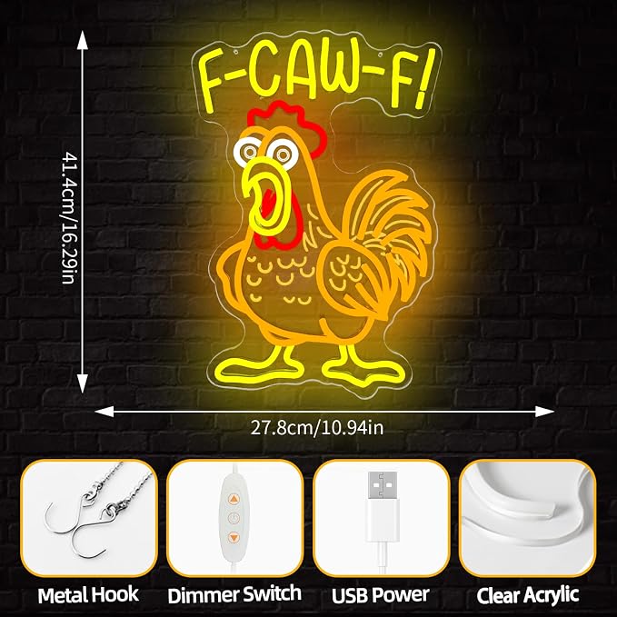 F-Caw-F Neon Sign Dimmable F Caw F Funny Chicken Led Signs Screaming Rooster Light Up Sign FcawF Neon Lights for Wall Decor Gag Chicken Gifts for Men Women - Image 5
