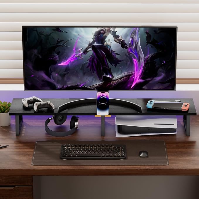 TEAMIX 42 inch Dual Monitor Stand with Storage Drawer & Phone Holder, Black | Laptop, PC, Printer, TV Stand Riser, Wood & Steel, Holds 300lbs, Keyboard & PS5 Storage underneath, For Home Office & Gaming - Image 6