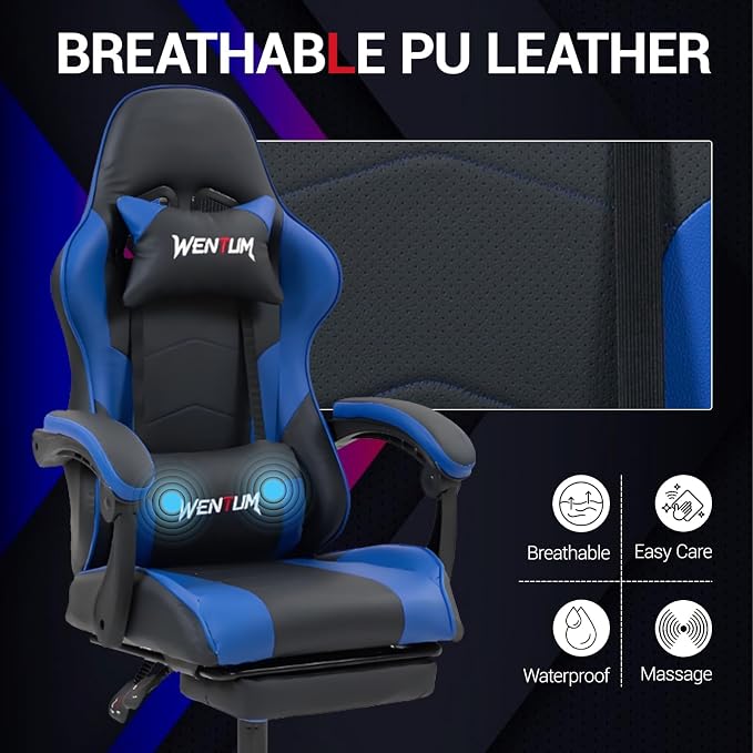Gaming Chair with Footrest for Adults, PU Leather Massage Racing Video Game Chair with Lumbar Support for Men Women, Ergonomic Computer Gamer Chair for Home Office, Height Adjustable, Blue - Image 7