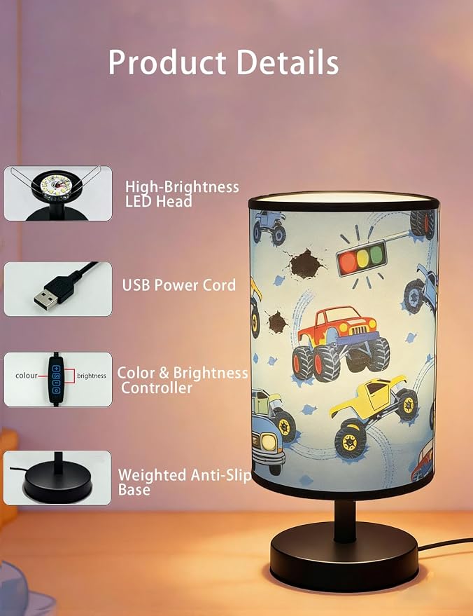 Monster Truck Room Decor, Car Lamp 3-Color Small Linen Desk Lamp, 10 x 5.12 Inch with Integrated LED, Kids Lamps for Bedrooms Boys, Living Lighting Table Lamps Home Decoration (Racing Car) - Image 3