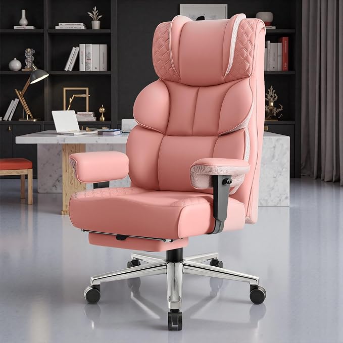 BestGlory Office Desk Chair, Big and Tall Leather Gaming Chair with Footrest, Ergonomic Comfy Executive High-Back Reclining Computer Chairs, Wide Swivel Rolling Wheels and Padded Lumbar Support, Pink - Image 7