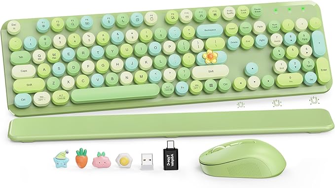 Wireless Keyboard and Mouse Combo, Cute Retro Typewriter Keyboard with Round Keycaps and Magnetic Wrist Rest, Full-Size 2.4GHz Cordless for Mac, Windows PC, Laptop, SABLUTE CK23, Green Multi-Color by SABLUTE