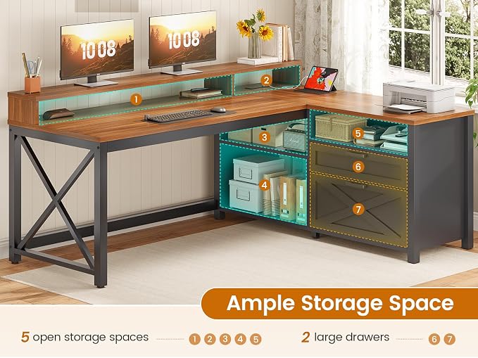 SEDETA L Shaped Gaming Desk with Drawers, 55" Farmhouse Computer Desk with File Drawer and Storage Shelves, Corner Gaming Desk with LED Lights and Monitor Shelf, Black and Brown - Image 6