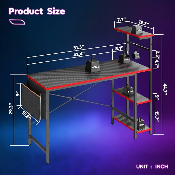 Bestier Gaming Desk with LED Lights, 51.3 Inch Computer Desk with 4 Tiers Reversible Shelves, Gamer Desk with Side Storage Bag, Hooks and Height Adjustable Shelf (Black Carbon Fiber) - Image 2