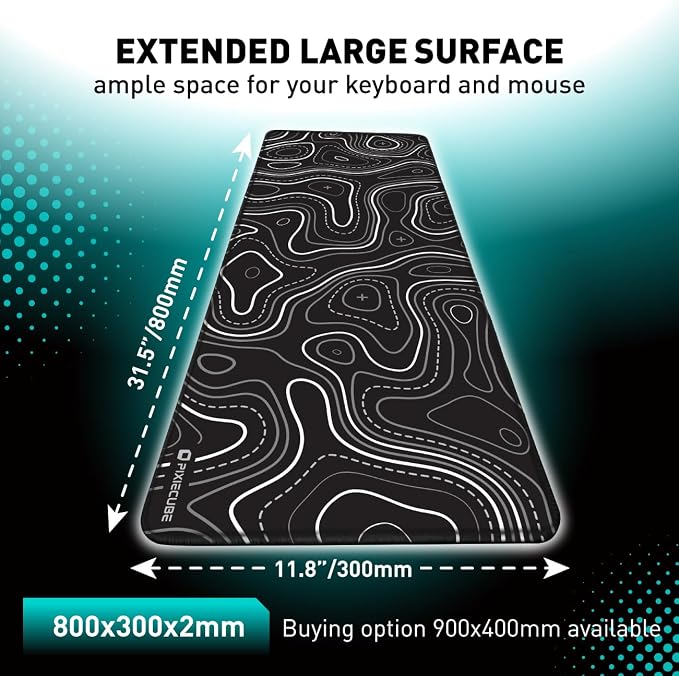 Pixiecube Minimalist Topographic Map Mouse Pad - Contour Extended Large Stitch Edge Mousepad. Black & White Non-Slip XXL Gaming Desk Mat - Image 3