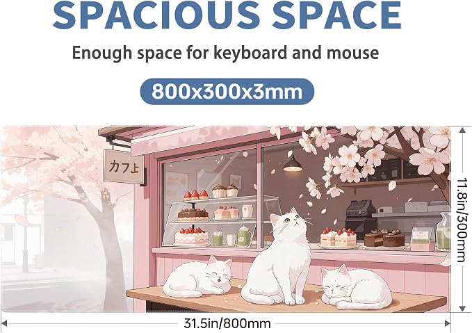 Pink Cute Cat Gaming Mouse Pad Large Desk Mat Extended Keyboard Mouse Pad Anime Mousepad with Non-Slip Base and Stitched Edge Mouse Mat Desk Pad 31.5 x 11.8 in Mouse Pads for Desk Home Office Gaming - Image 2