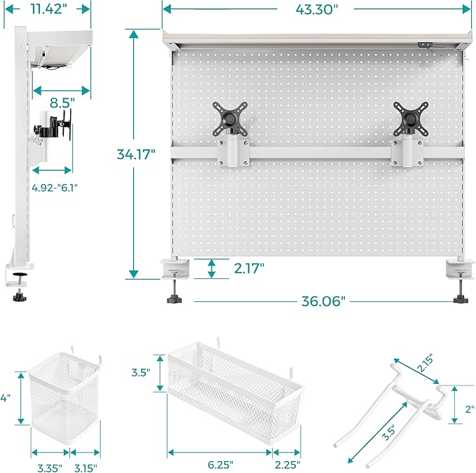 EUREKA ERGONOMIC Desk Pegboard with Dual Monitor Stands, LED Metal Pegboard for Gaming Desk, Privacy Panel with 4 Accessories Modular Hanging, Computer Accessories for Office, 43 x 34 Inch, White - Image 2