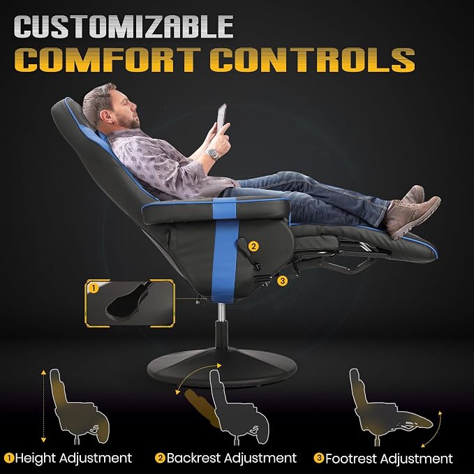 Massage Gaming Recliner Chair with Cup Holder & Side Pockets – Ergonomic PU Leather Video Gaming Chair with Footrest, Manual Recline, Headrest & Lumbar Support for Office or Game Room (Blue) - Image 5