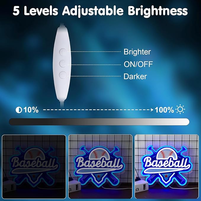 Baseball Neon Signs Dimmable Baseball Neon Lights Wall Decor for Club Dormitory Bedroom Shop Home Birthday Party Gift Art for Kids Fans-14.65 x 12.2 IN-USB Powered-Acrylic - Image 3