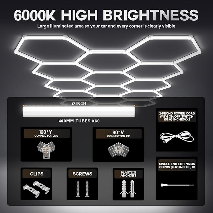 58Lights LED Hexagon Honeycomb Lights,14-Hex Honeycomb Lights 68800Lumens Hexagon DIY Super Bright Car Detailing Ceiling 688W LED Shop Light for Warehouse Workshop Gym Basement - Image 6