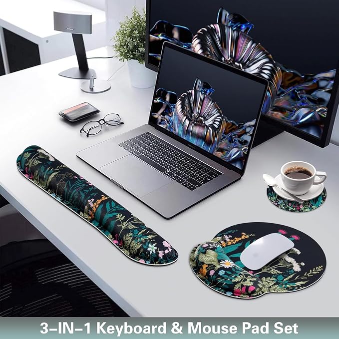 Mouse Pad with Wrist Rest Set, 3-in-1 Wrist Support Mouse Pad Set, Floral - Image 2