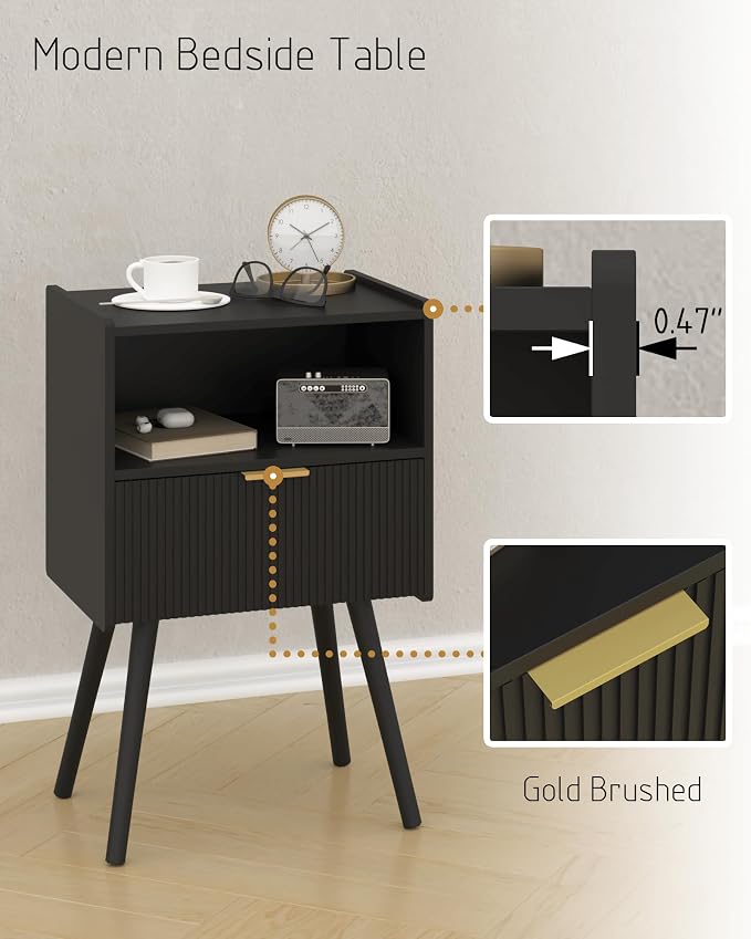 JOONEE Black Nightstand,Modern Bedside Table with Storage Drawer and Open Wood Shelf, for Living Room, Bedroom and Small Spaces, Accent Night Stand with Solid Wood Legs, Easy Assembly,Classic Black - Image 5
