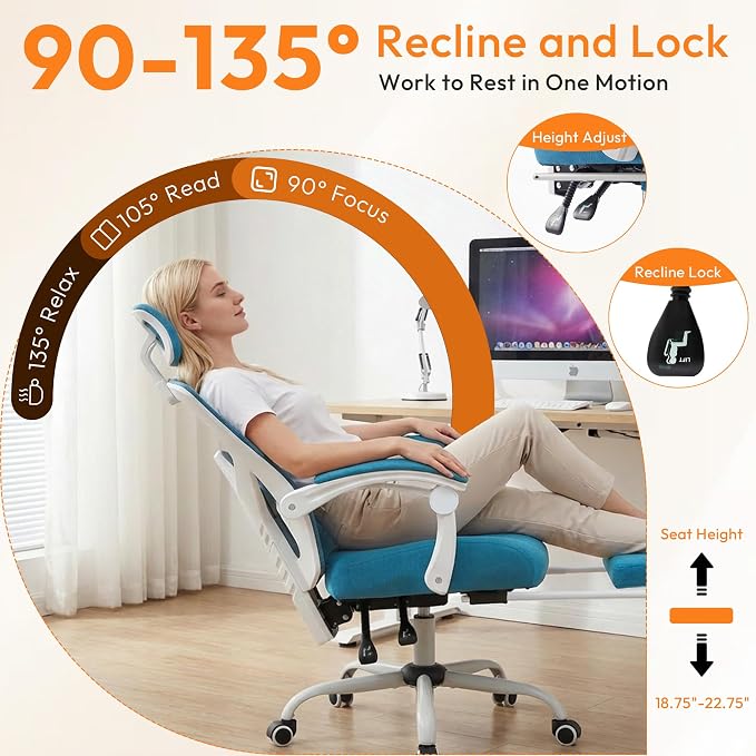 Ergonomic Desk Chair, High Back Office Chair with Wheels, Elegant Blue | Computer Chair with Footrest, Swivel Reclining Gaming Chair with Headrest, Comfy Armrest for Home, Office, Work, Study - Image 3