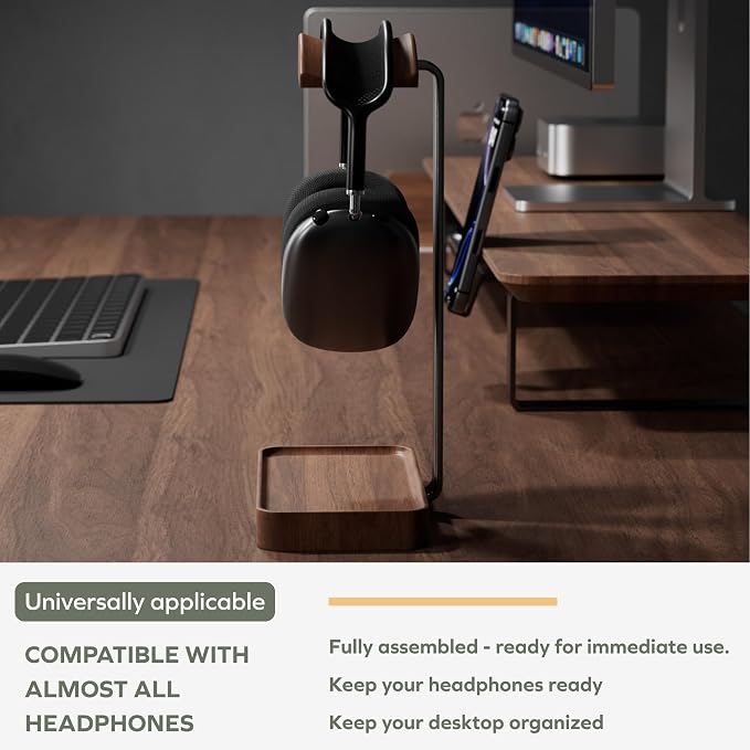 muso wood Walnut Headphone Stand, Wood Headset Stand with Storage Base | Desk Holder for Gaming & Office, Compatible with AirPods Max, Bose, Razer Headsets - Image 3