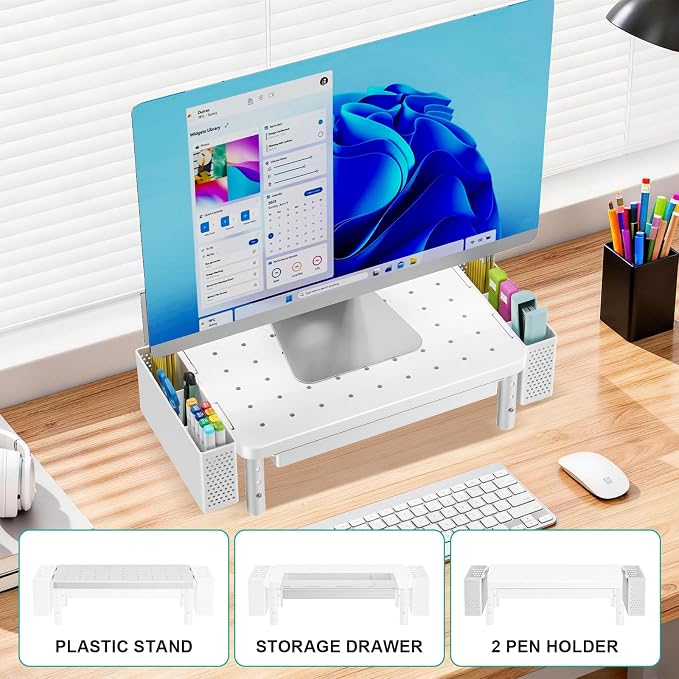 WALI Computer Monitor Stand with Storage and Pen Holder | 3 Height Adjustable Desk Organizer with Drawer, Desk Laptop Monitor Riser for Computer, Printer(PTT003-W), 1 Pack, White - Image 7
