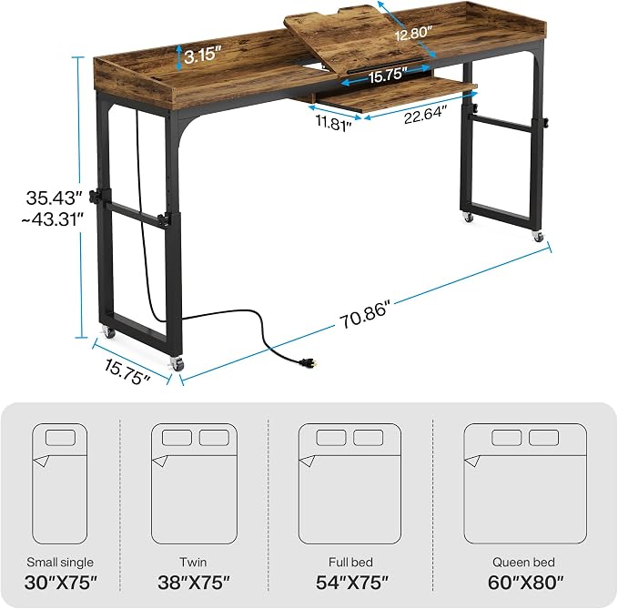 Tribesigns Height Adjustable Overbed Table with Wheels, Queen Size Over Bed Desk with Adjustable Tilt Stand, Mobile Laptop Cart Computer Desk with Outlets & USB Ports (Rustic Brown) - Image 2