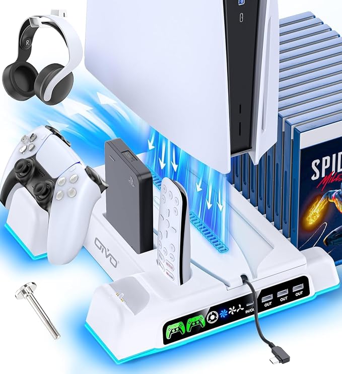 PS5/Slim/Pro Stand and Cooling Station with LED Controller Charging Station for PlayStation 5 Console, Controller Charger, Cooling Stand, PS5/Slim/Pro Skin Accessories Kit with 3 Level Cooler Fan by OIVO