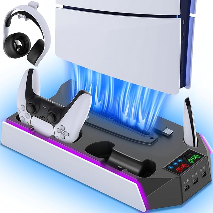 PS5 / PS5 Slim Cooling Station Stand LED with Dual Controller Charging Station for PlayStation 5 Console, PS 5 Accessories Incl. Controller Charger, Cooling Fan, Headset Holder, 3 USB Hub-White&Black by Unknown