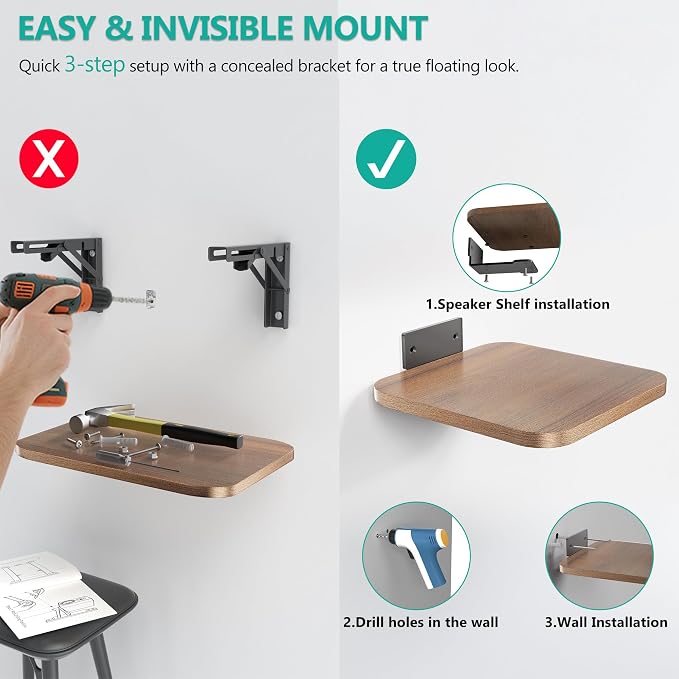 WALI Surround Sound Speaker Wall Mount, 1 Pair Heavy Duty Floating Shelf - Image 6