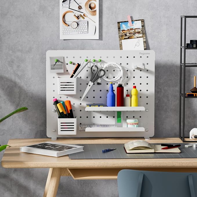 PEGZONE Clamp on Desk Pegboard, 20.4" x 16.5", with 15 Accessories, White | Magnetic Metal Peg Board, Desk Organizer for Office Gaming Home, Privacy Panel, Large - Image 7