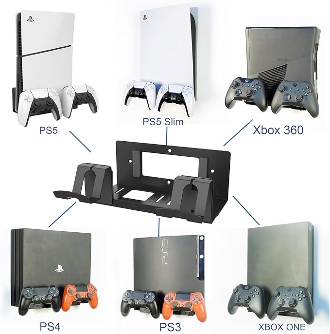 Monzlteck Universal Game Console Wall Mount + 2 Controller Holders, Compatible with PS3, PS4 Pro/Slim, PS5 Slim/Pro, Xbox 360/One S/One X - Image 3